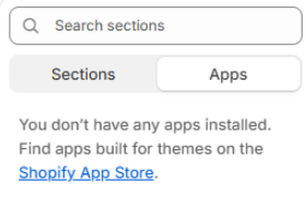 The Apps tab in the Shopify theme editor showing no available app blocks, indicating a Vintage theme